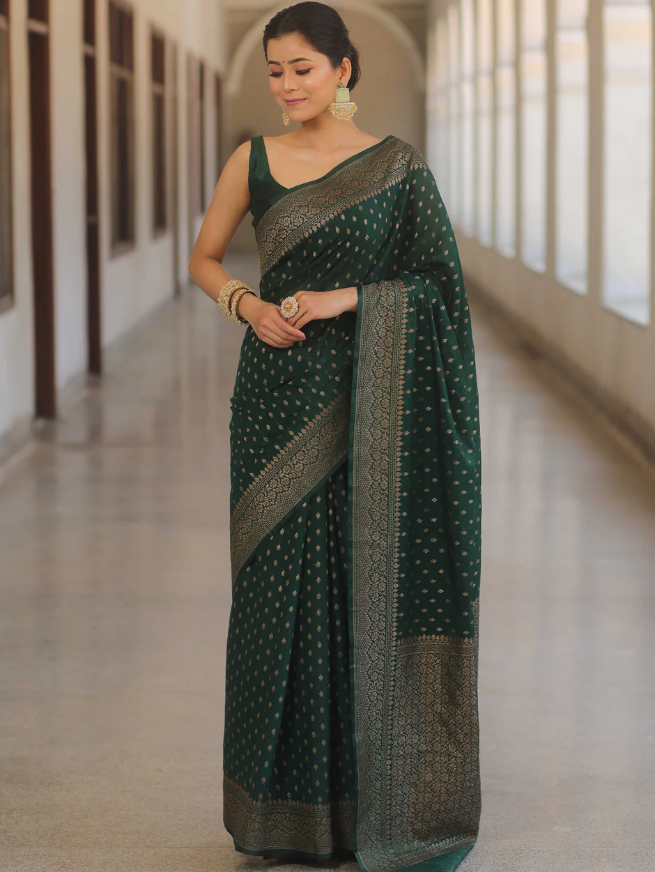 Banarasi Silk Green Saree With Zari Work And Banarasi Blouse