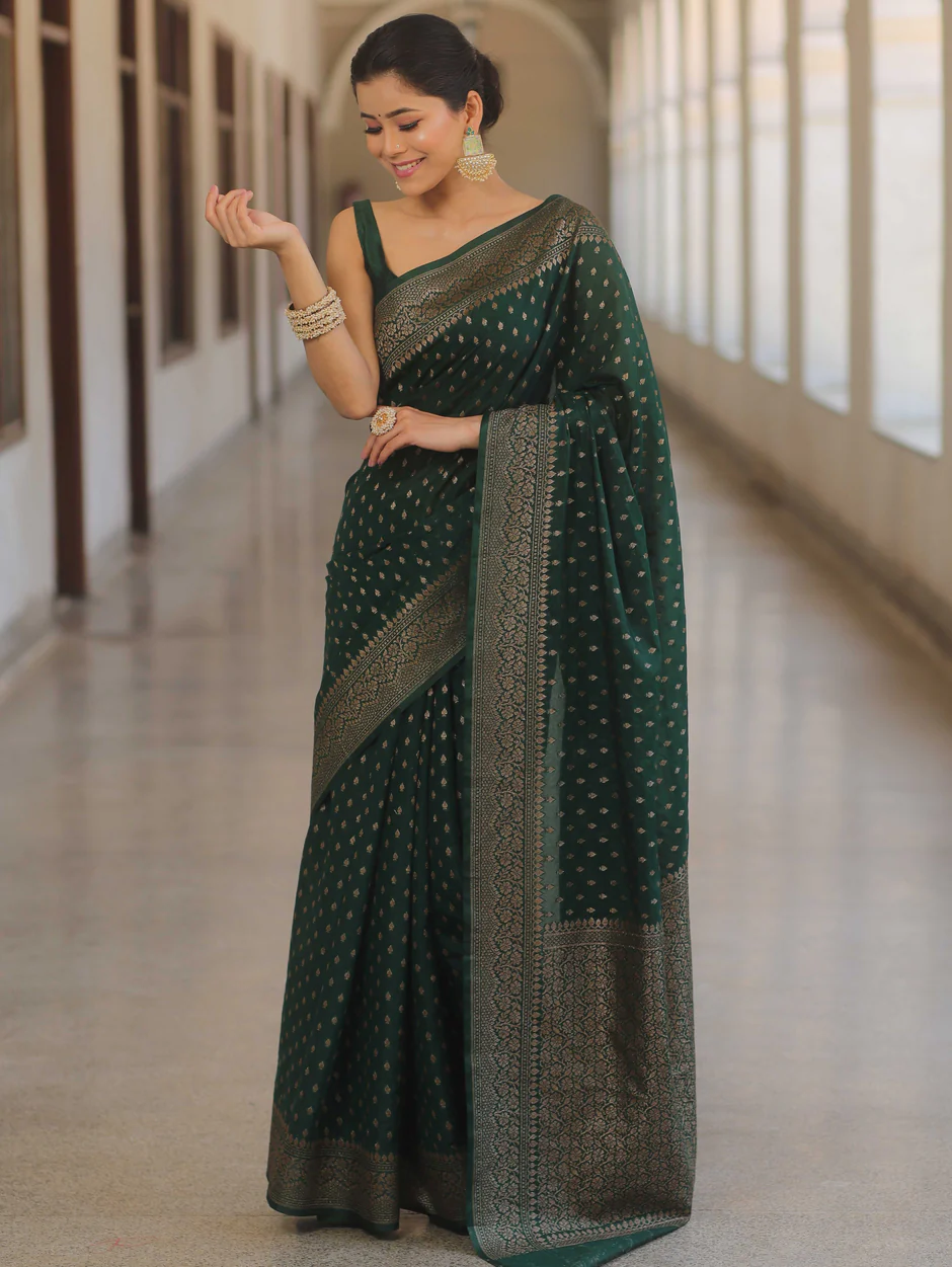 Banarasi Silk Green Saree With Zari Work And Banarasi Blouse