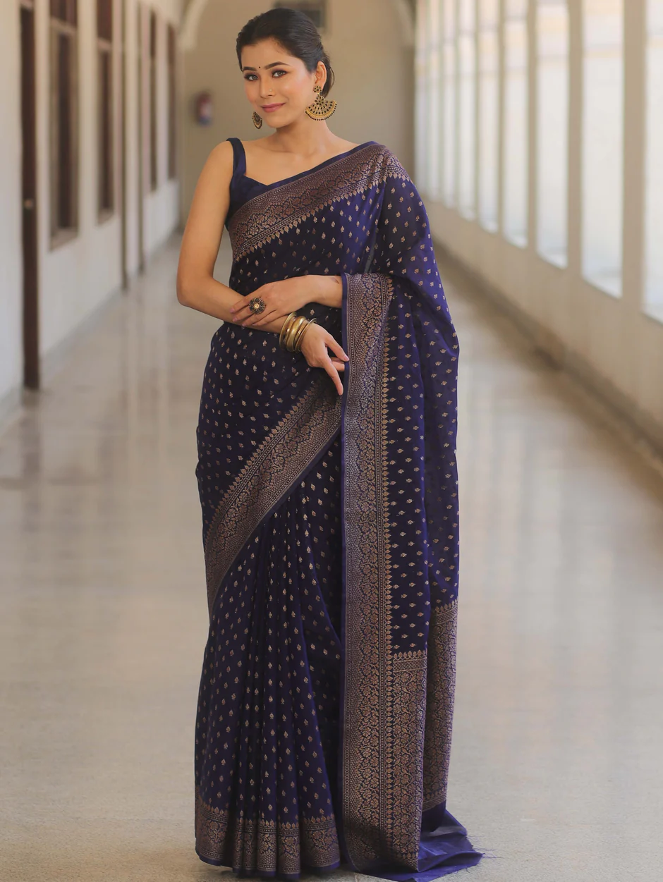 Banarasi Silk NavyBlue Saree With Zari Work And Banarasi Blouse