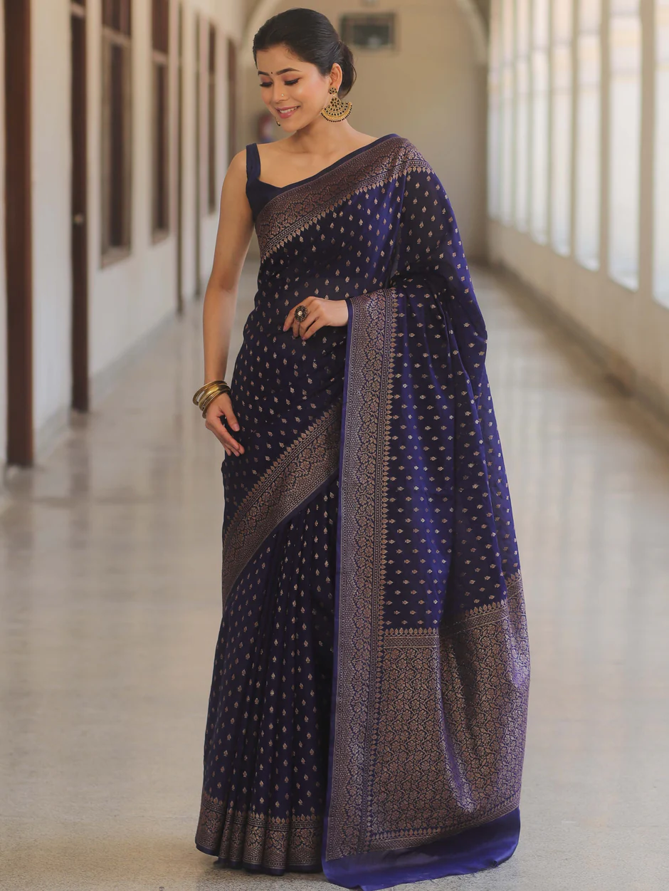 Banarasi Silk NavyBlue Saree With Zari Work And Banarasi Blouse