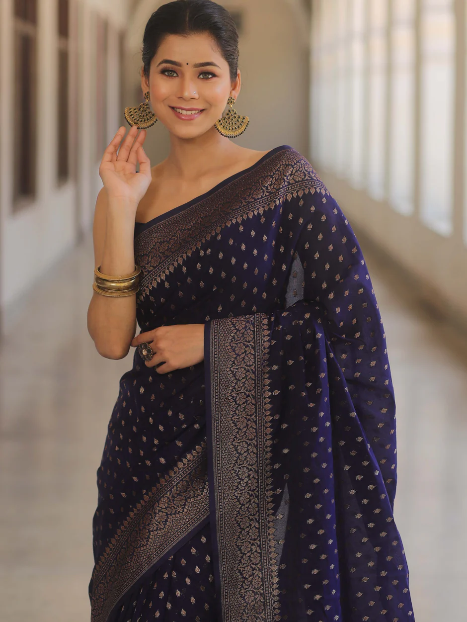 Banarasi Silk NavyBlue Saree With Zari Work And Banarasi Blouse