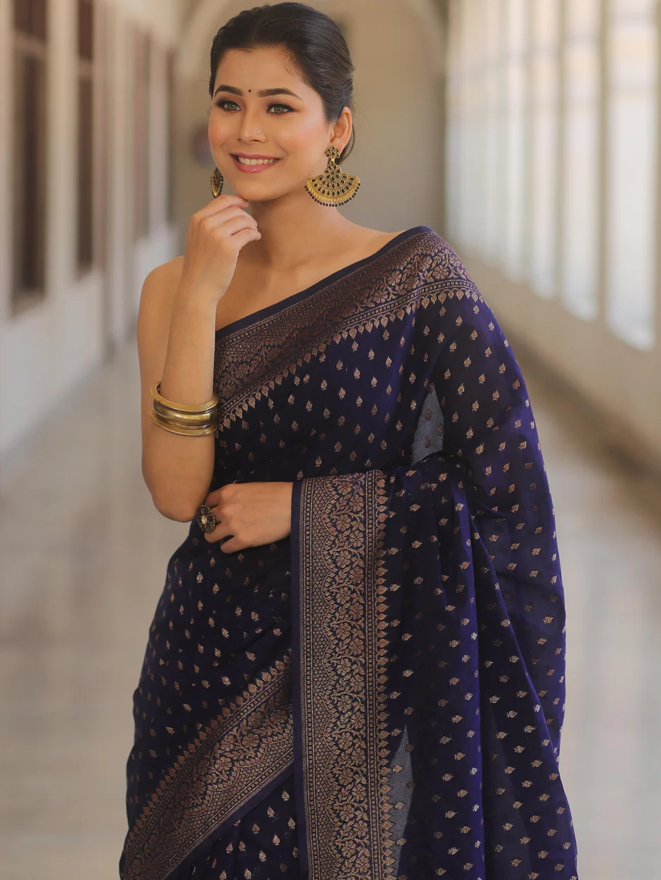 Banarasi Silk NavyBlue Saree With Zari Work And Banarasi Blouse