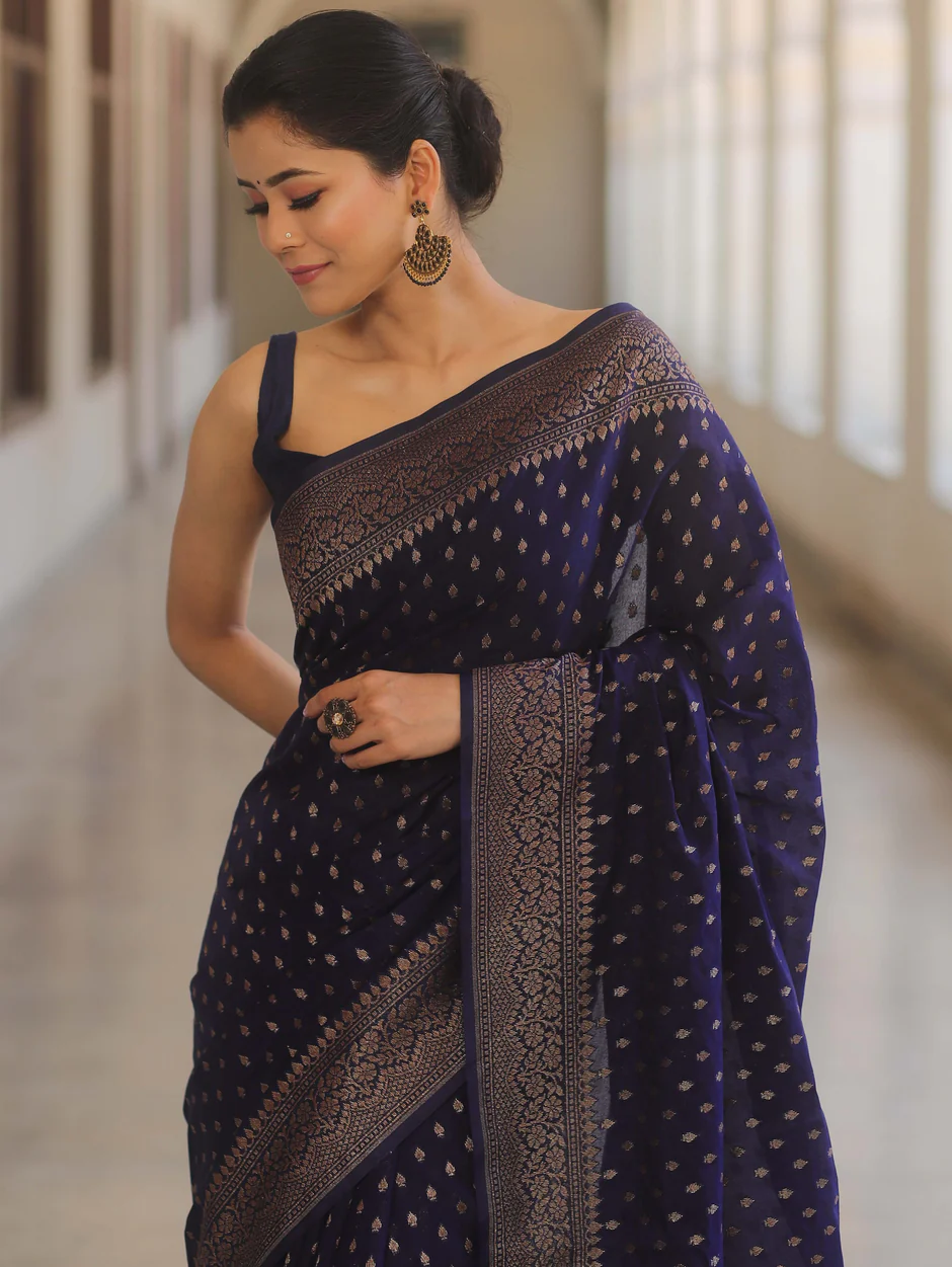 Banarasi Silk NavyBlue Saree With Zari Work And Banarasi Blouse