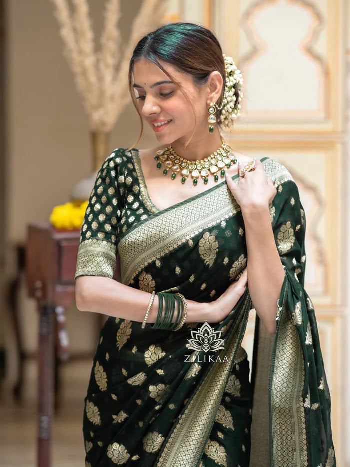 Green Beautiful Banarasi Silk saree with blouse - Sareelystore