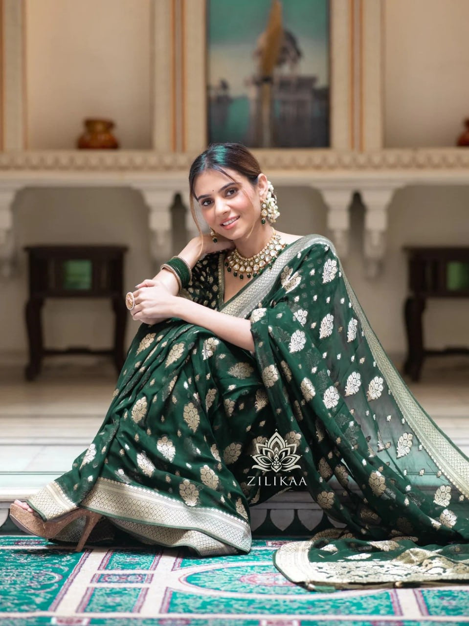 Green Beautiful Banarasi Silk saree with blouse - Sareelystore