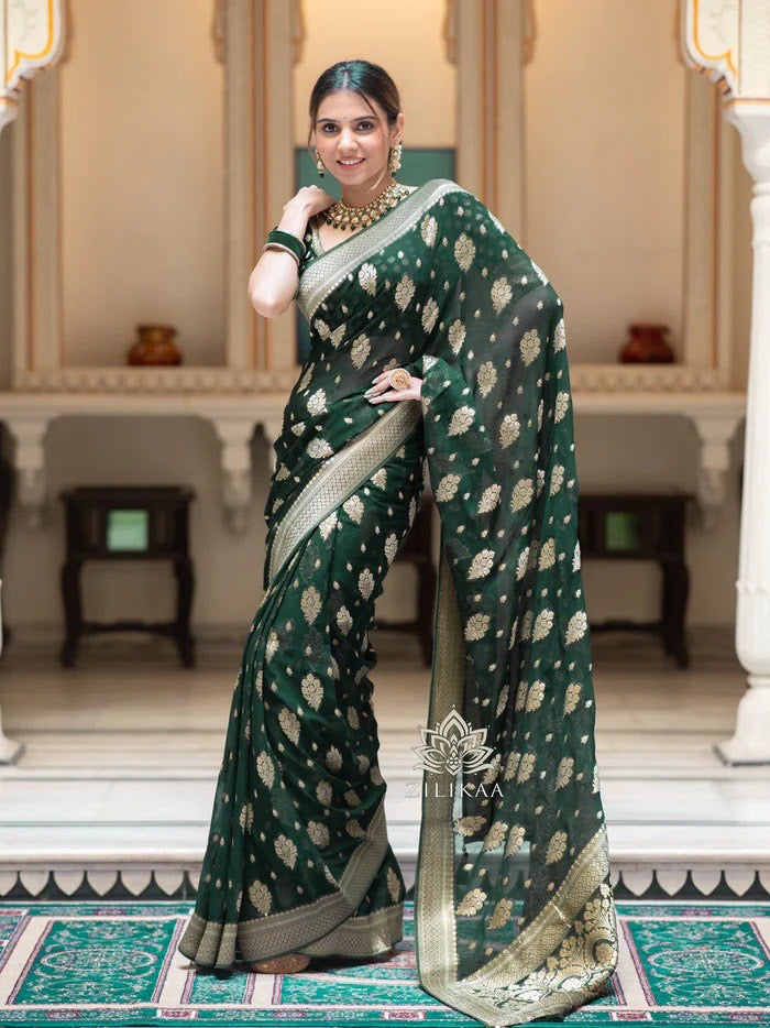 Green Beautiful Banarasi Silk saree with blouse - Sareelystore