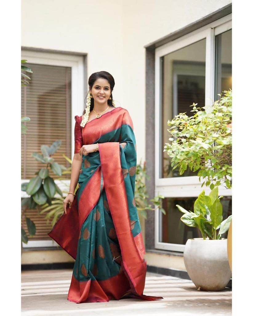 Picturesque Rama Banarasi Silk Saree With Unique Blouse Piece - Sareelystore