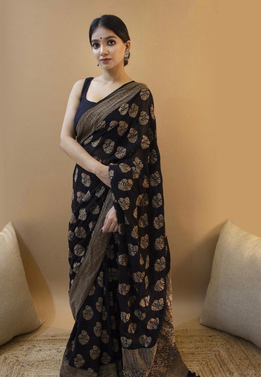 Brilliant Black Soft Silk Saree With Extravagant Blouse Piece