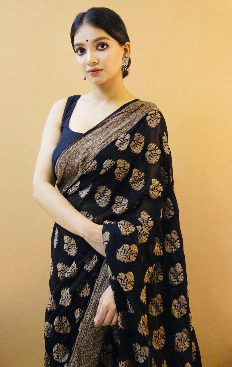 Brilliant Black Soft Silk Saree With Extravagant Blouse Piece