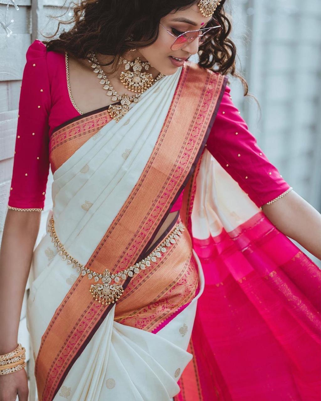 Attractive White Soft Silk Saree With Opulent Blouse Piece