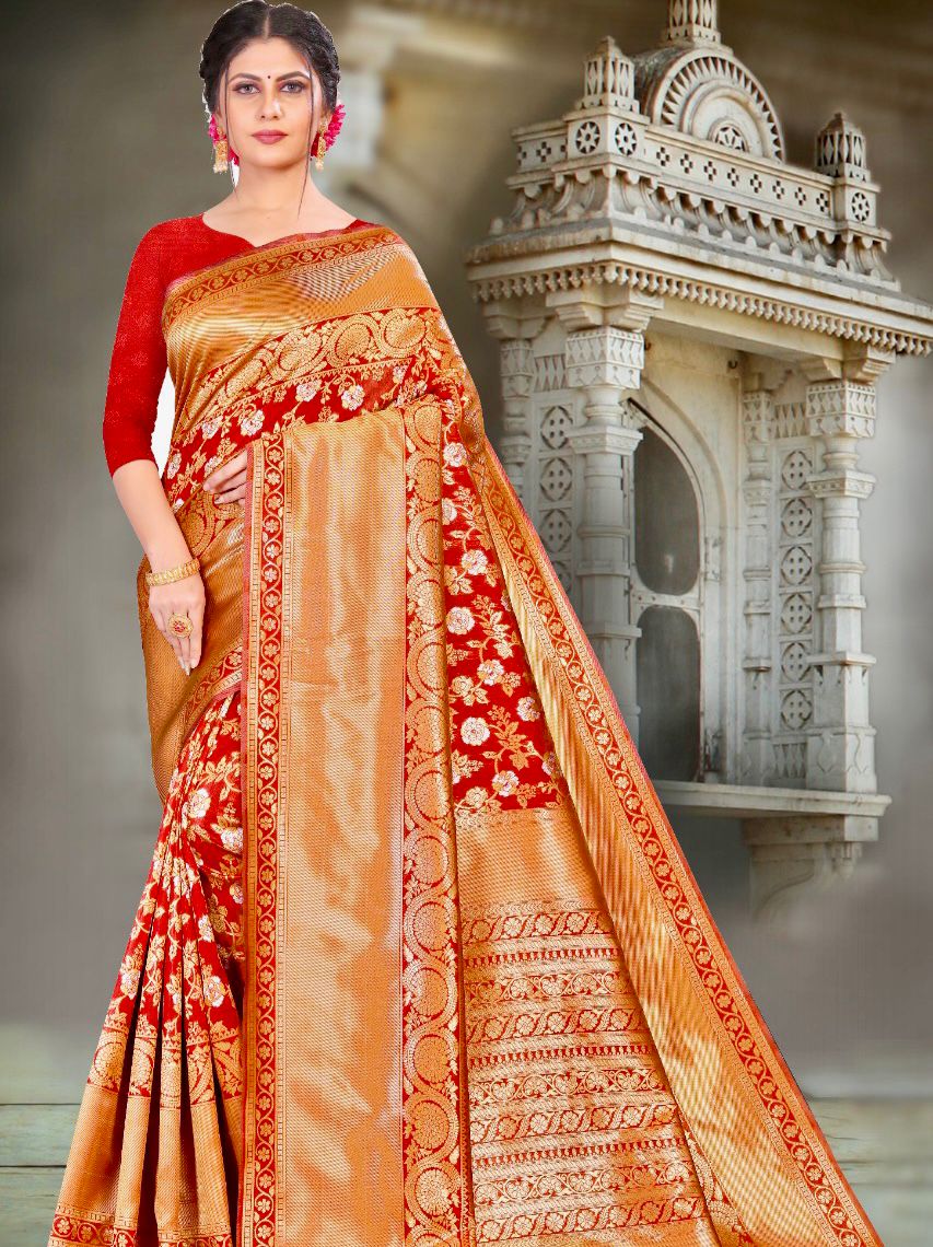 Wonderful Red Banarasi Silk Saree With Excellent Blouse Piece