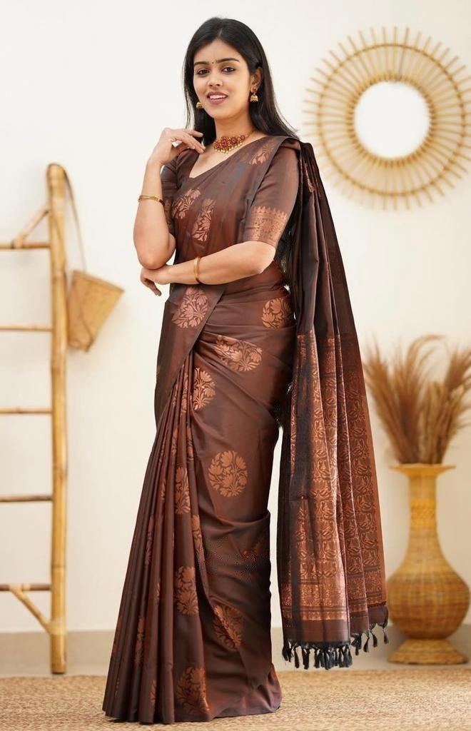 Ailurophile Brown Soft Silk Saree With Panoply Blouse Piece