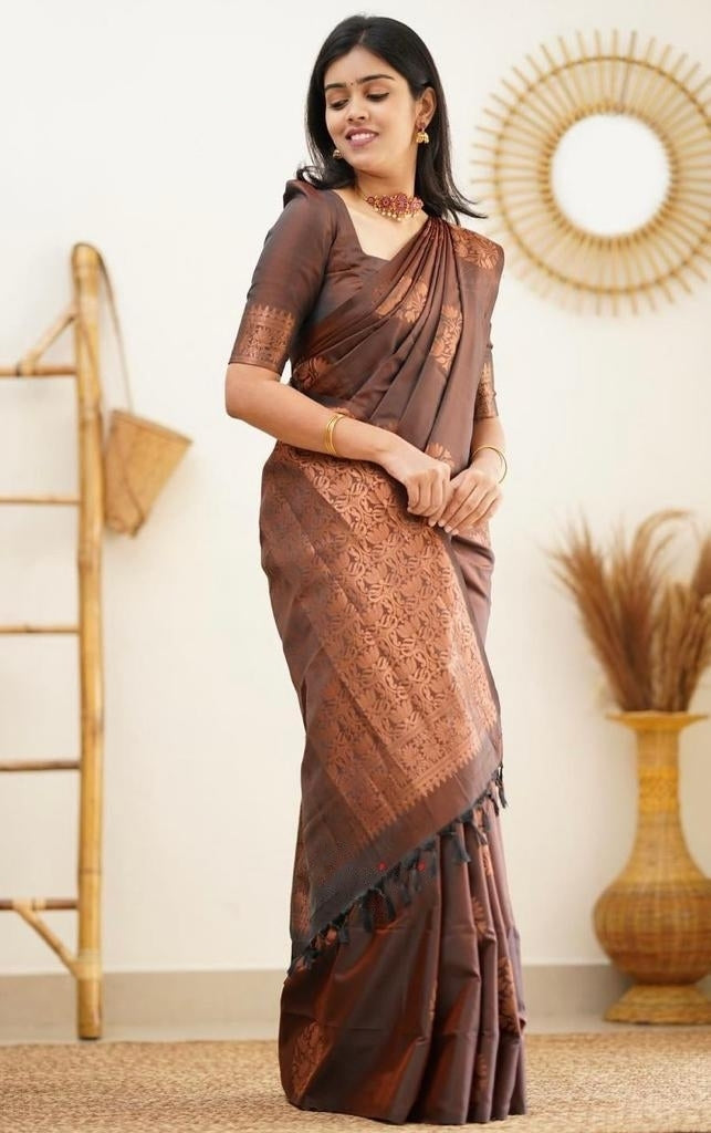 Ailurophile Brown Soft Silk Saree With Panoply Blouse Piece