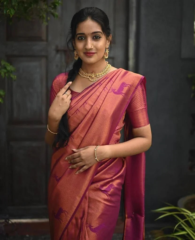 Ailurophile Dark Pink Soft Silk Saree With Arresting Blouse Piece