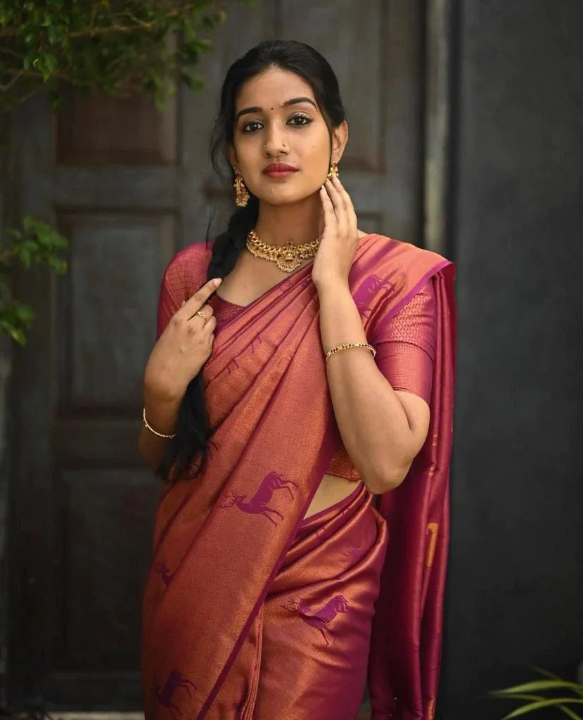 Ailurophile Dark Pink Soft Silk Saree With Arresting Blouse Piece