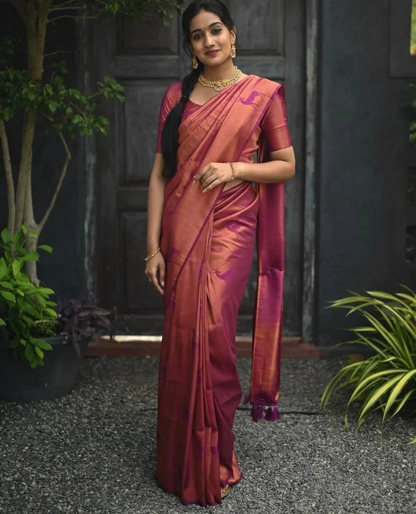 Ailurophile Dark Pink Soft Silk Saree With Arresting Blouse Piece