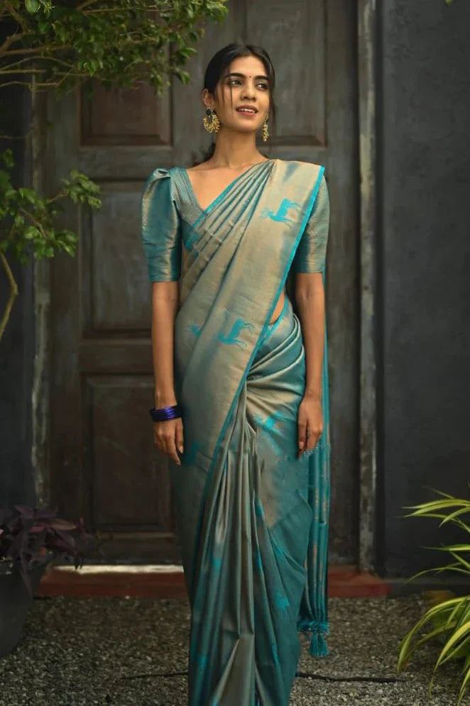 Ailurophile Sky Soft Silk Saree With Arresting Blouse Piece