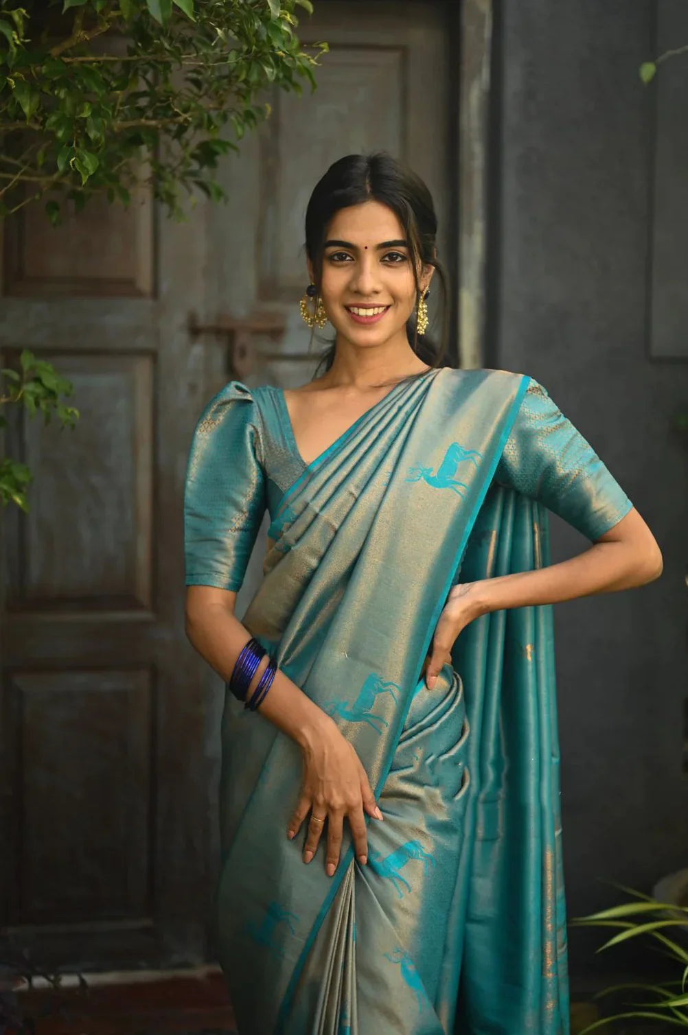 Ailurophile Sky Soft Silk Saree With Arresting Blouse Piece