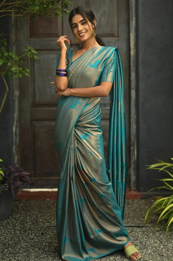 Ailurophile Sky Soft Silk Saree With Arresting Blouse Piece