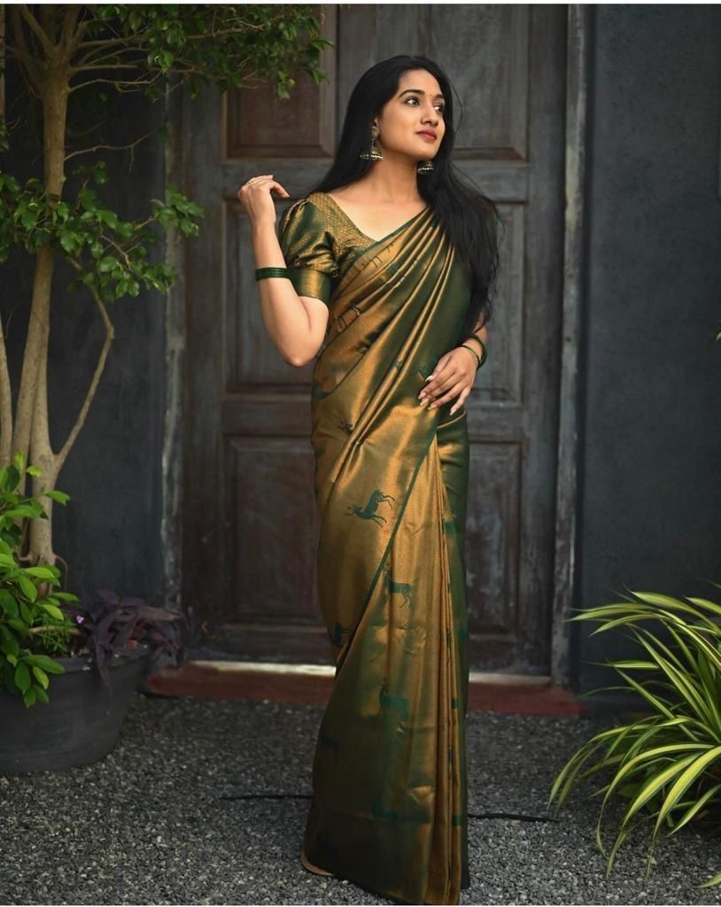 Ailurophile Dark Green Soft Silk Saree With Hypnotic Blouse Piece