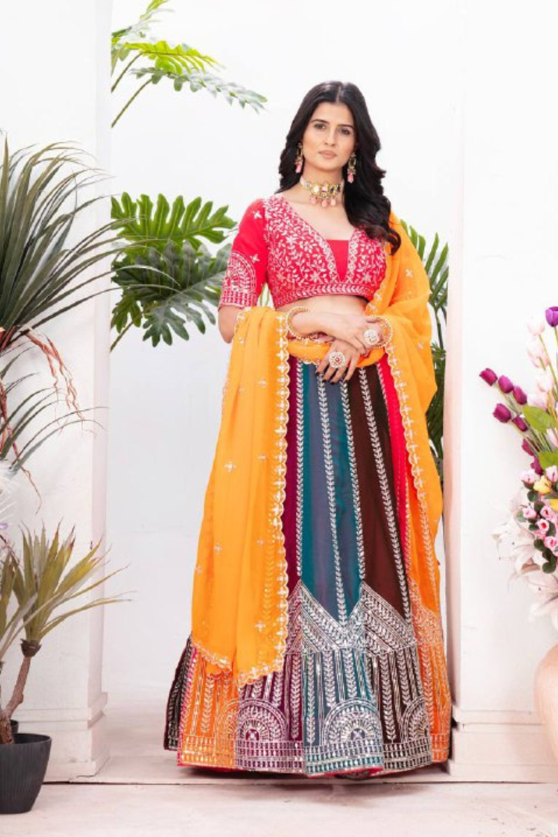 Multicolor Faux Georgette Lehanga Choli Dupatta Set Sequence Work