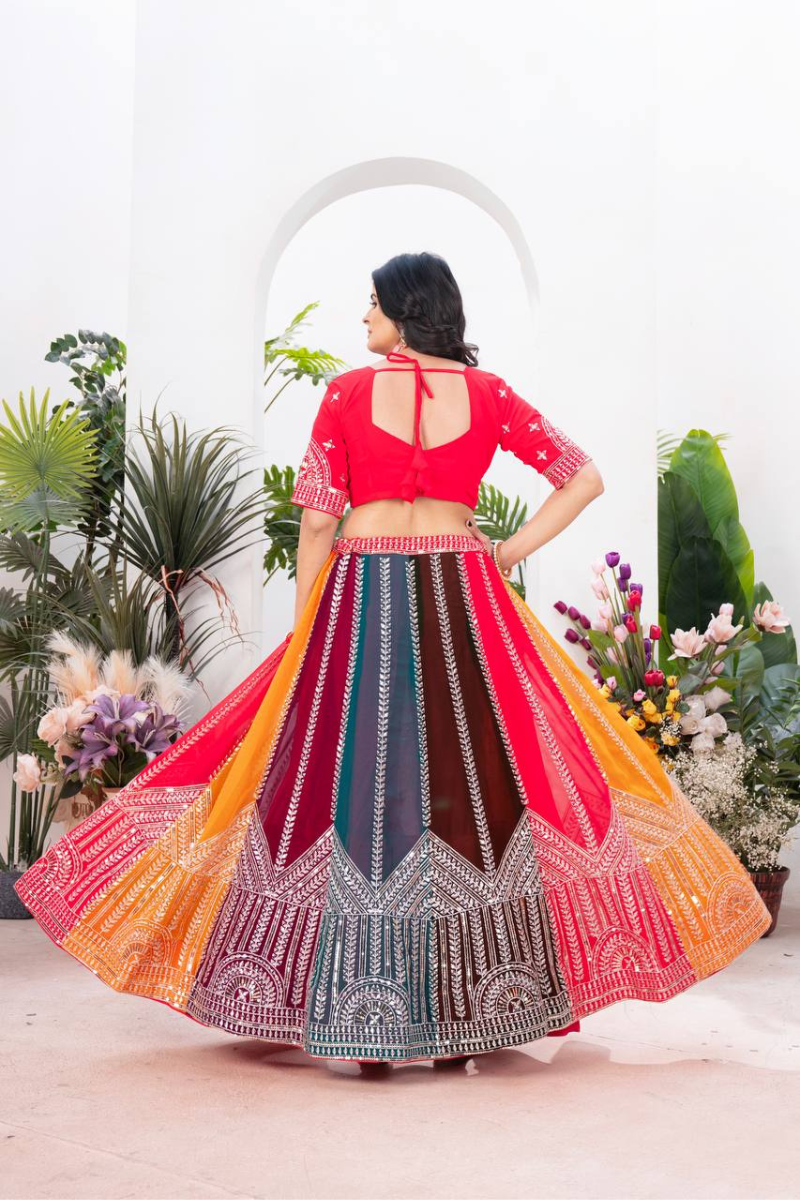 Multicolor Faux Georgette Lehanga Choli Dupatta Set Sequence Work