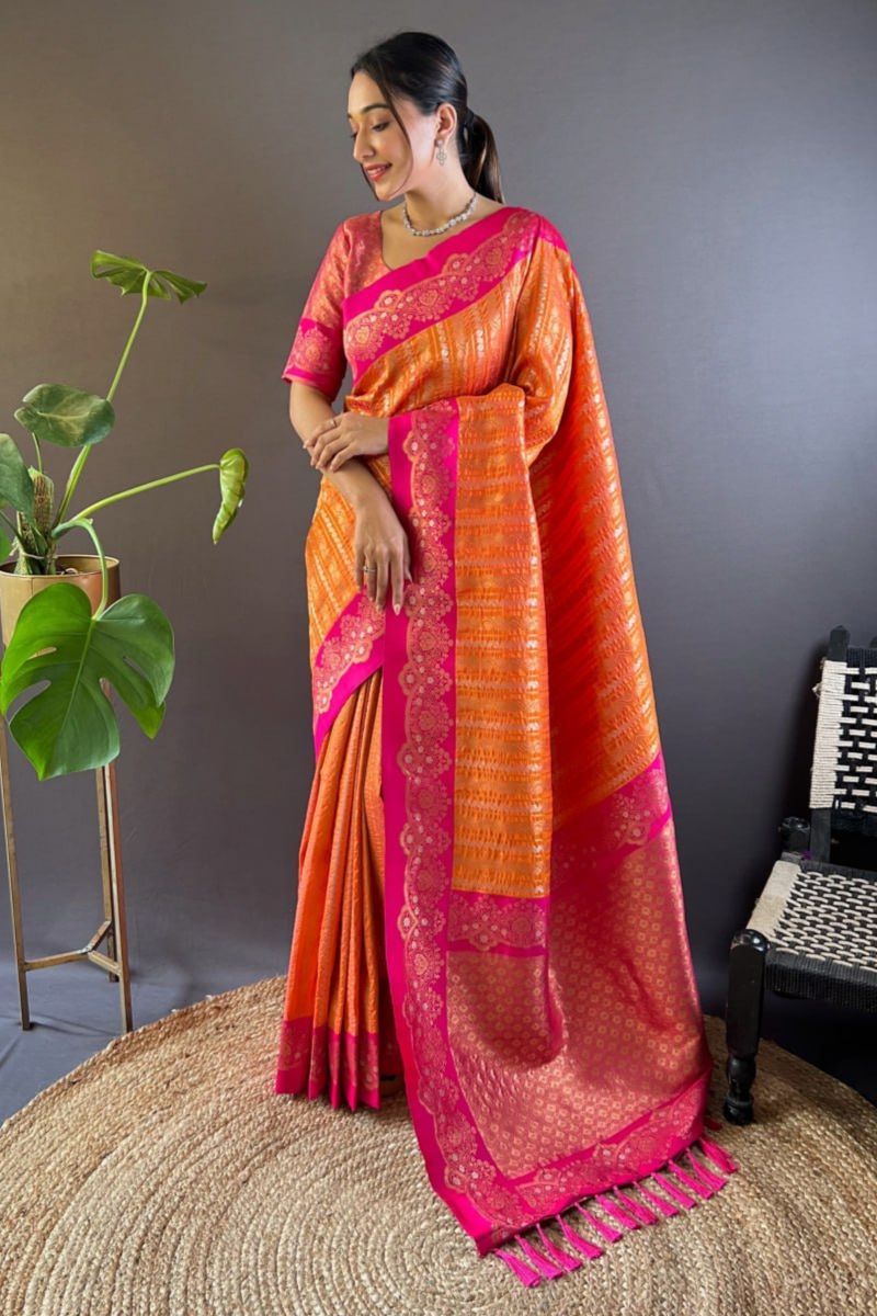 Paithani sarees in orange soft silk with peacock jaal