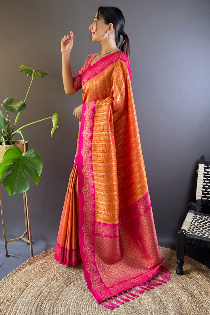 Paithani sarees in orange soft silk with peacock jaal
