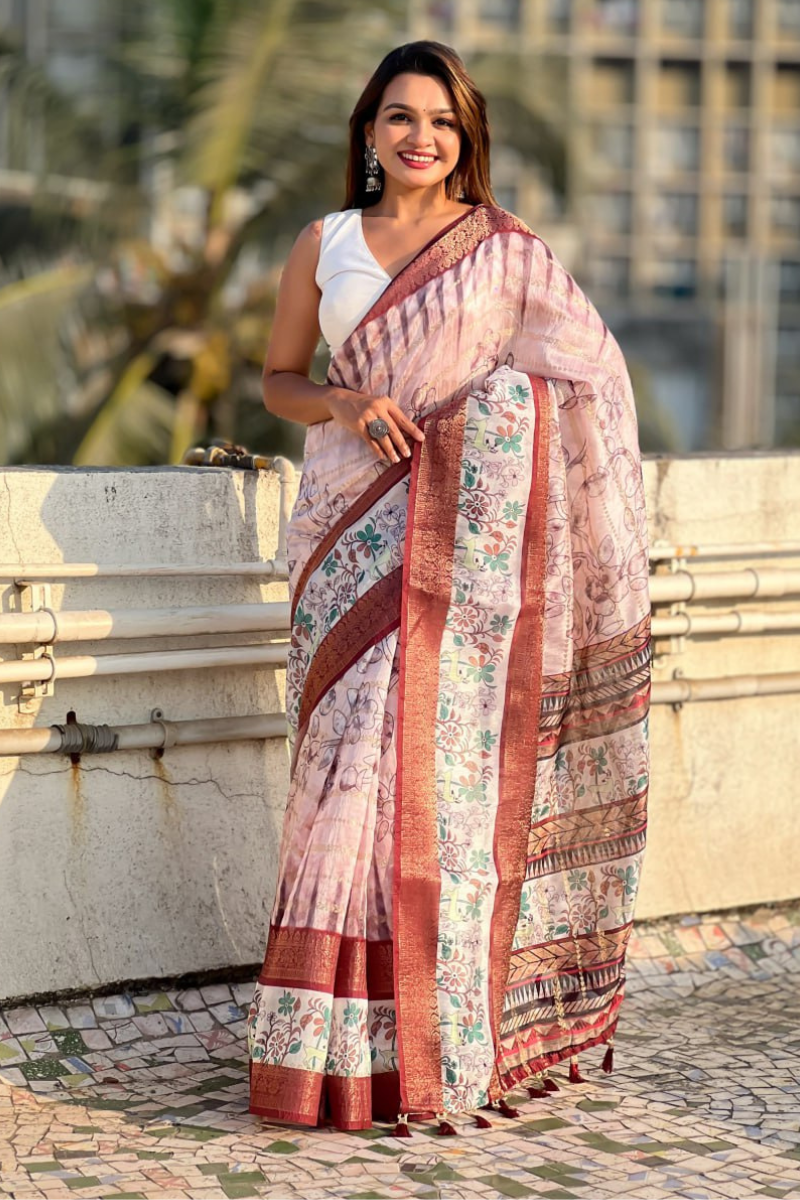 Soft Chanderi Crush Saree in Peach with Floral Designs