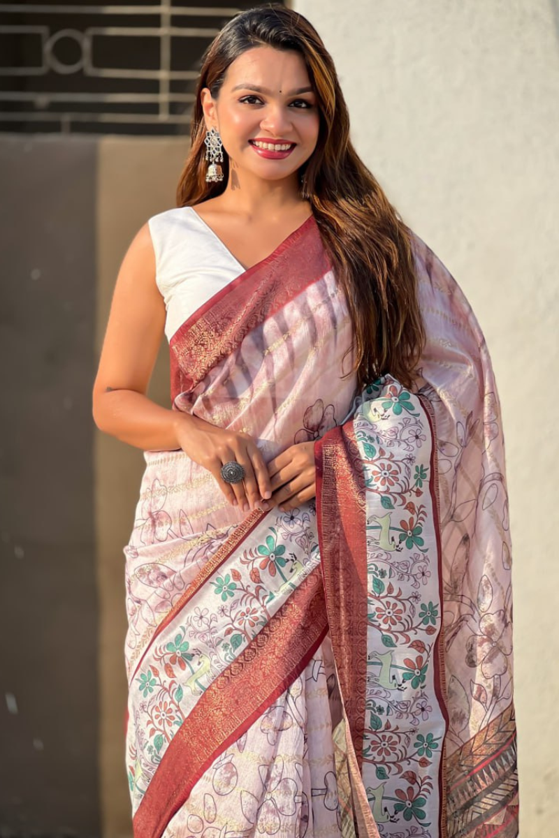 Soft Chanderi Crush Saree in Peach with Floral Designs