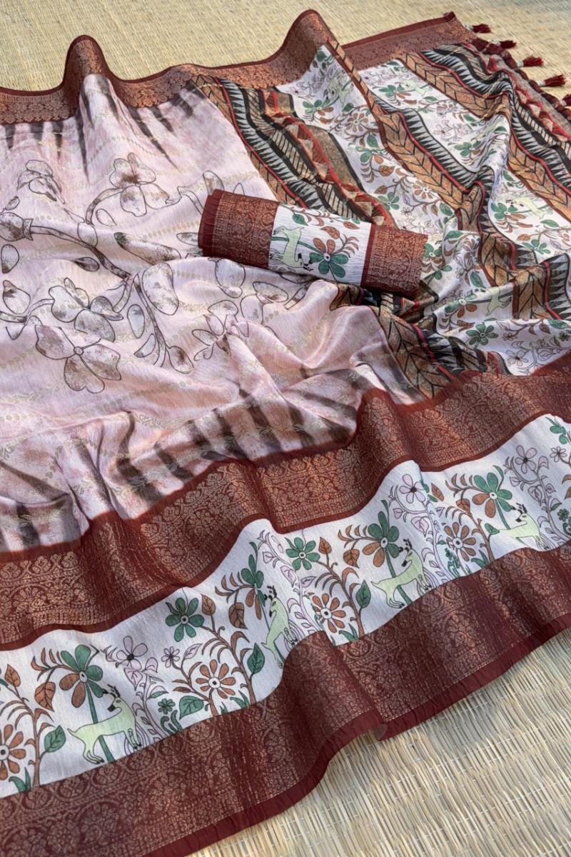 Soft Chanderi Crush Saree in Peach with Floral Designs