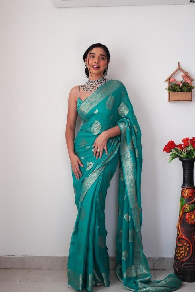 Appealing 1-Minute Ready To Wear Sea Green Soft Silk Saree