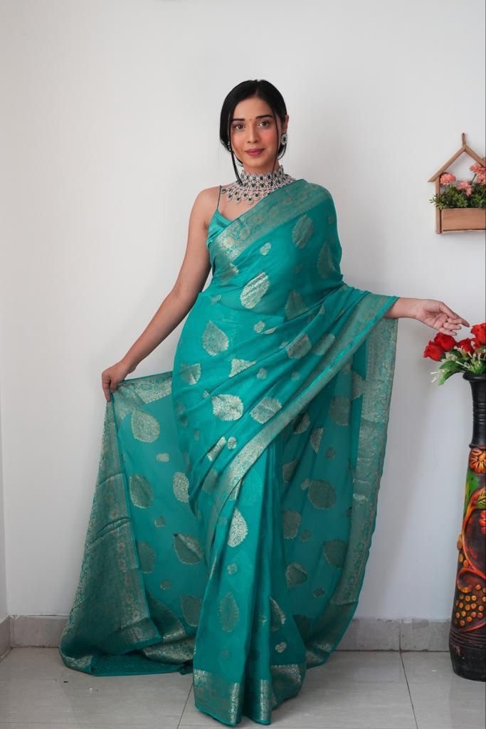 Appealing 1-Minute Ready To Wear Sea Green Soft Silk Saree