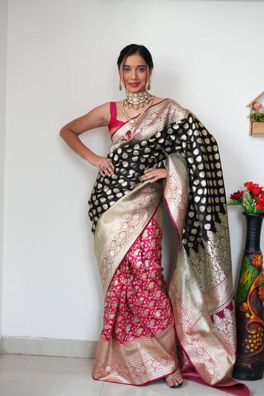 Appealing 1-Minute Ready To Wear Black Soft Silk Saree