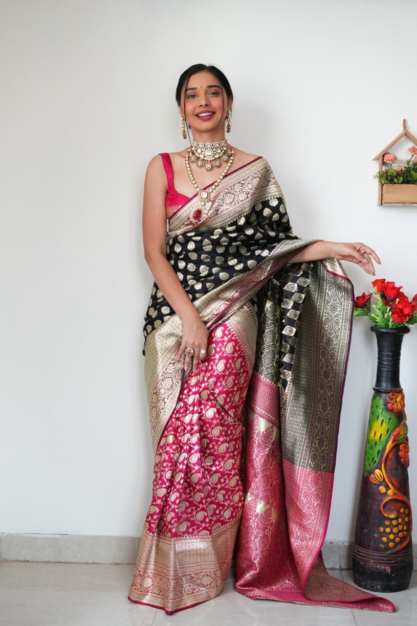 Appealing 1-Minute Ready To Wear Black Soft Silk Saree