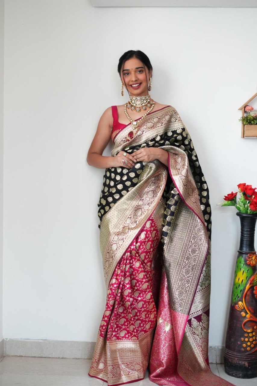 Appealing 1-Minute Ready To Wear Black Soft Silk Saree