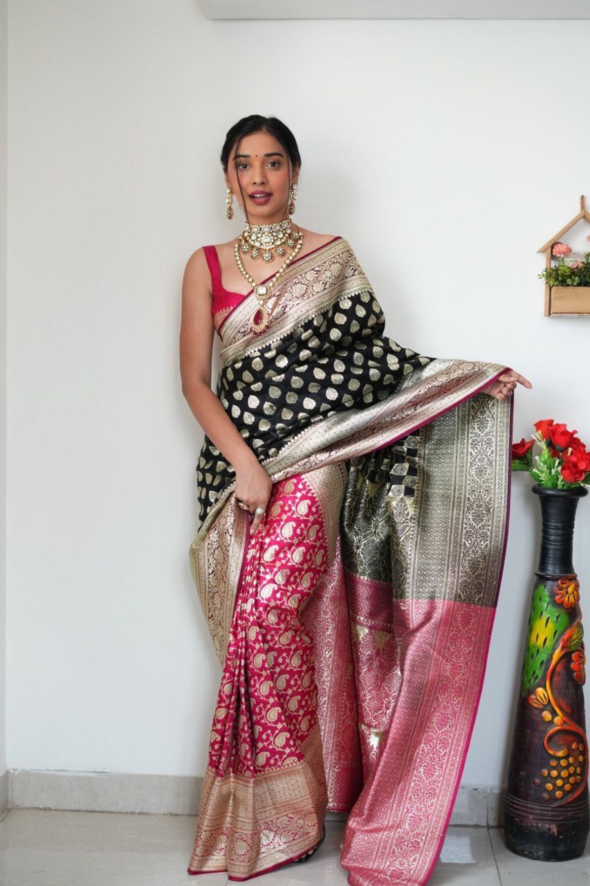 Appealing 1-Minute Ready To Wear Black Soft Silk Saree