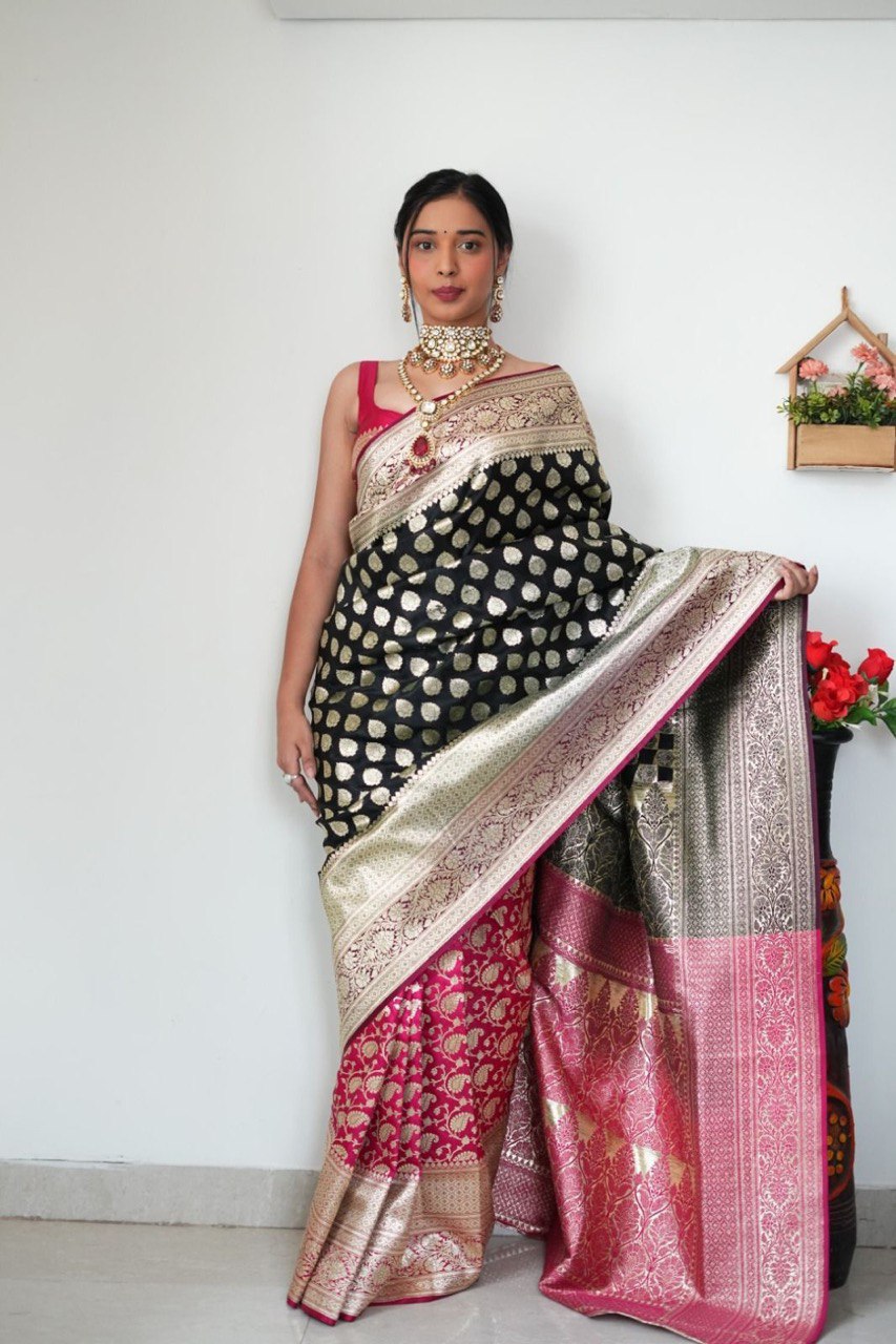 Appealing 1-Minute Ready To Wear Black Soft Silk Saree