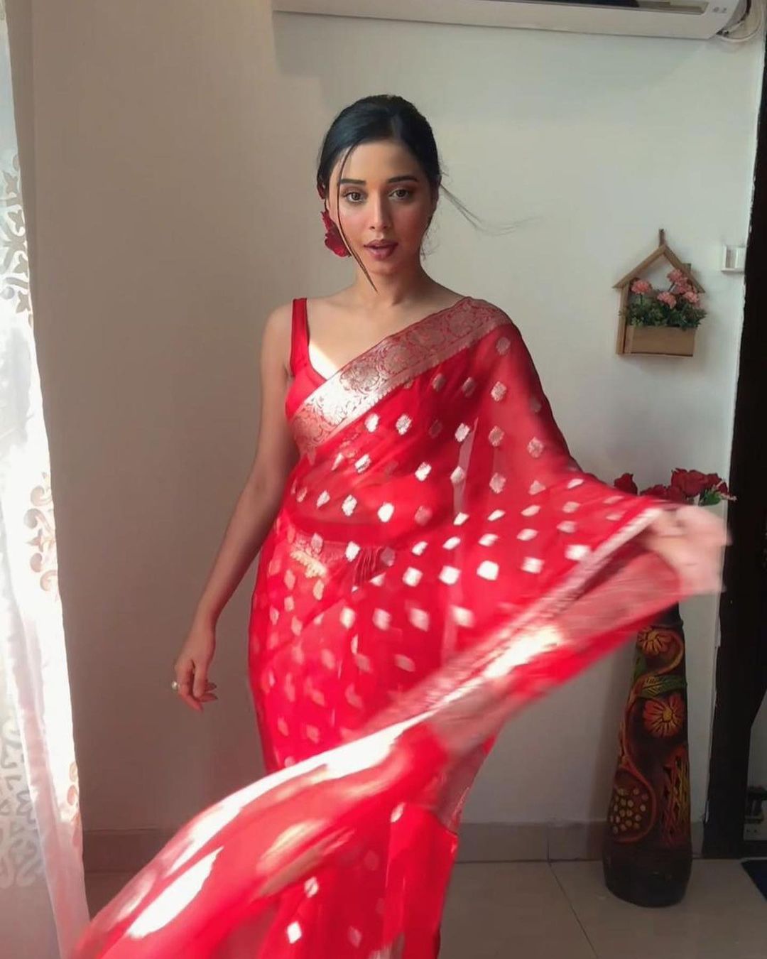 Appealing 1-Minute Ready To Wear Red Cotton Silk Saree