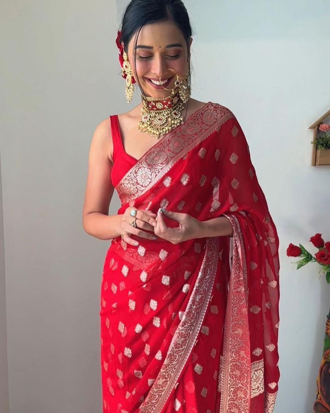 Appealing 1-Minute Ready To Wear Red Cotton Silk Saree