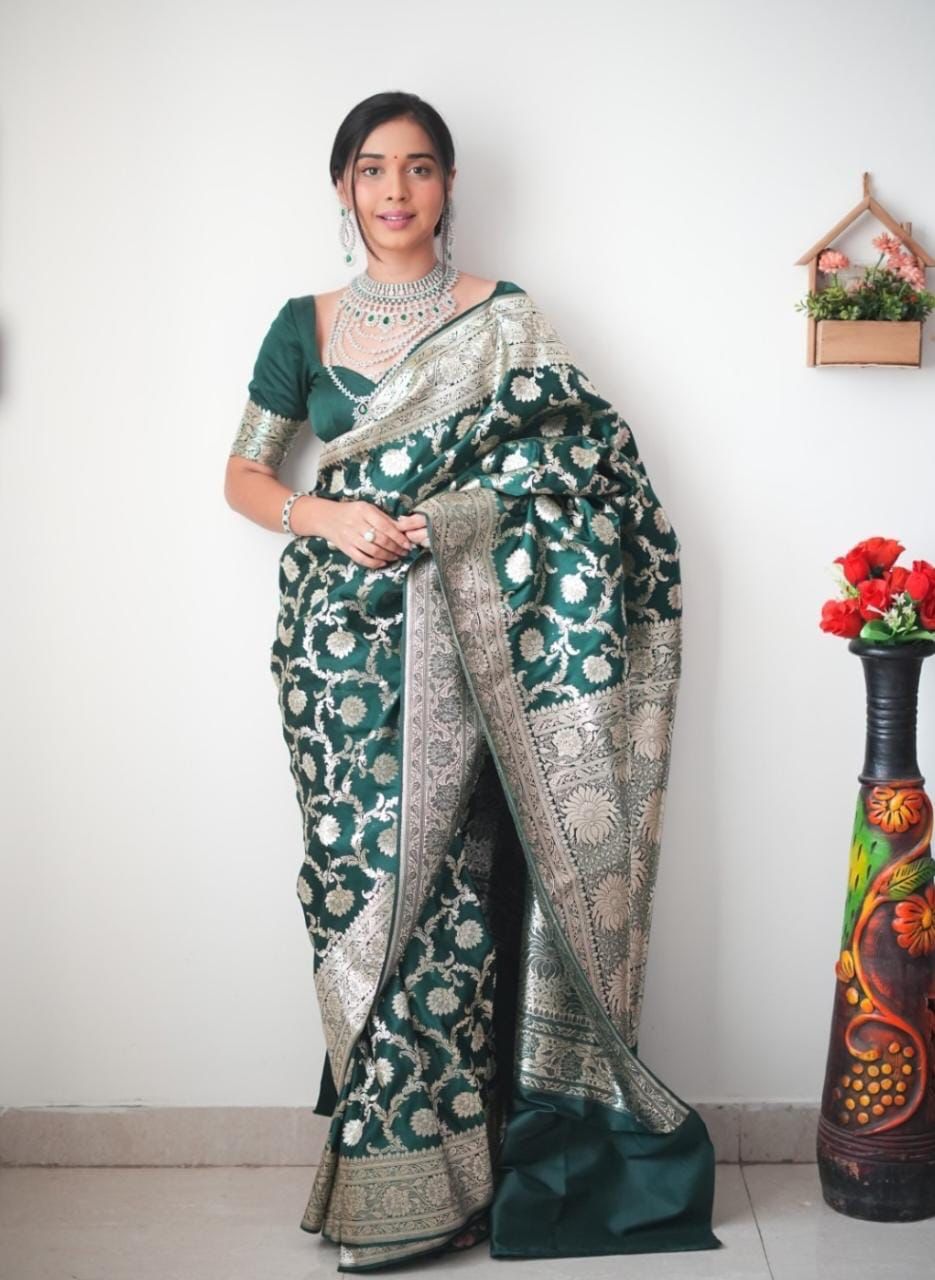 1-Minute Ready To Wear Green Soft Silk Saree