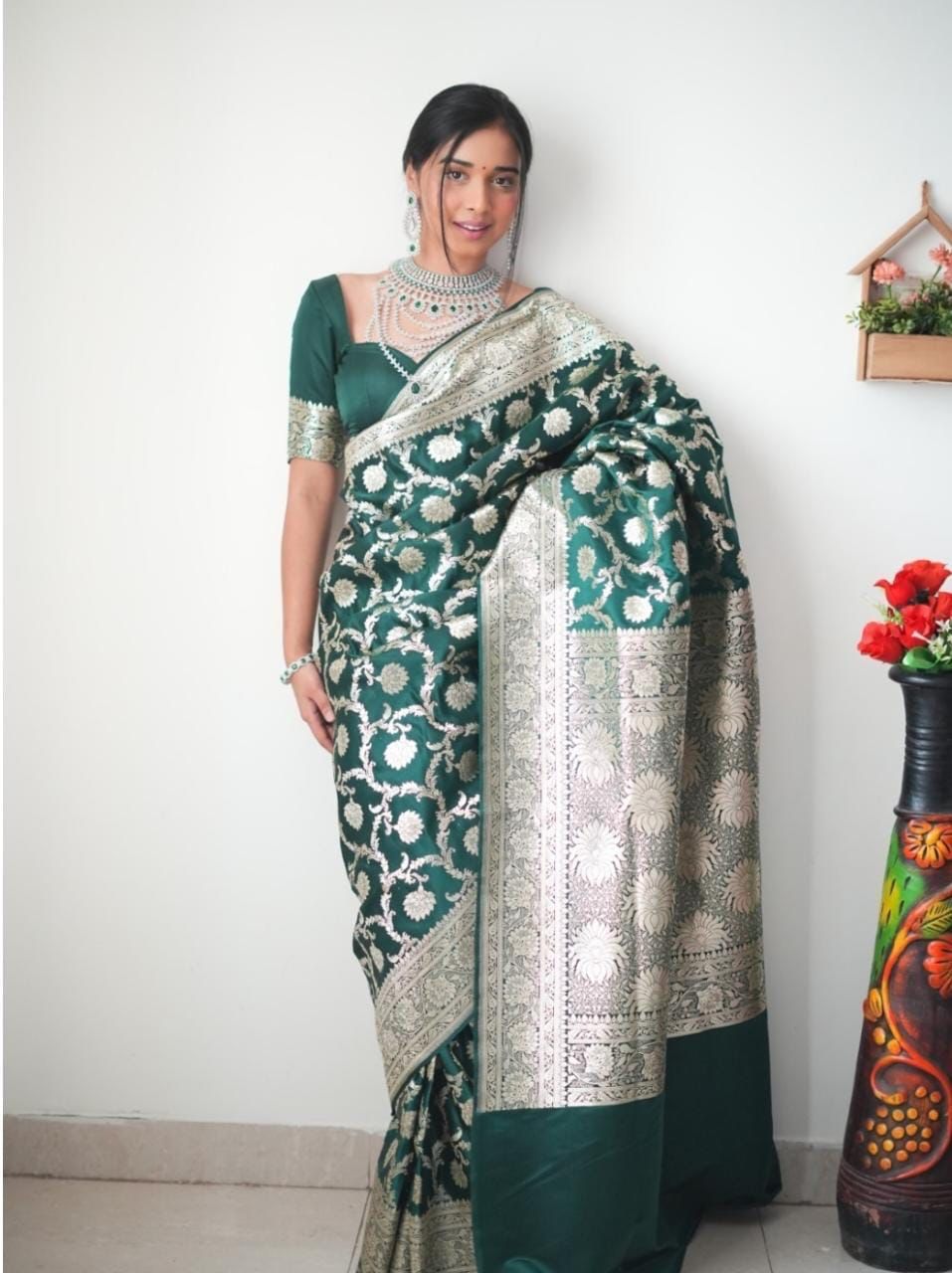 Appealing 1-Minute Ready To Wear Green Soft Silk Saree