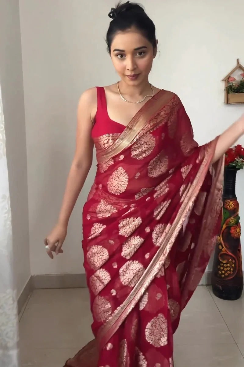 Fascinating 1-Minute Ready To Wear Red Cotton Silk Saree