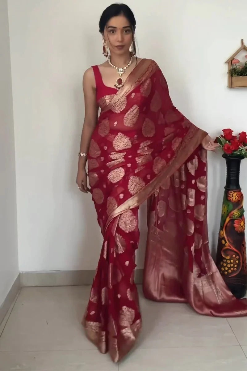 Fascinating 1-Minute Ready To Wear Red Cotton Silk Saree