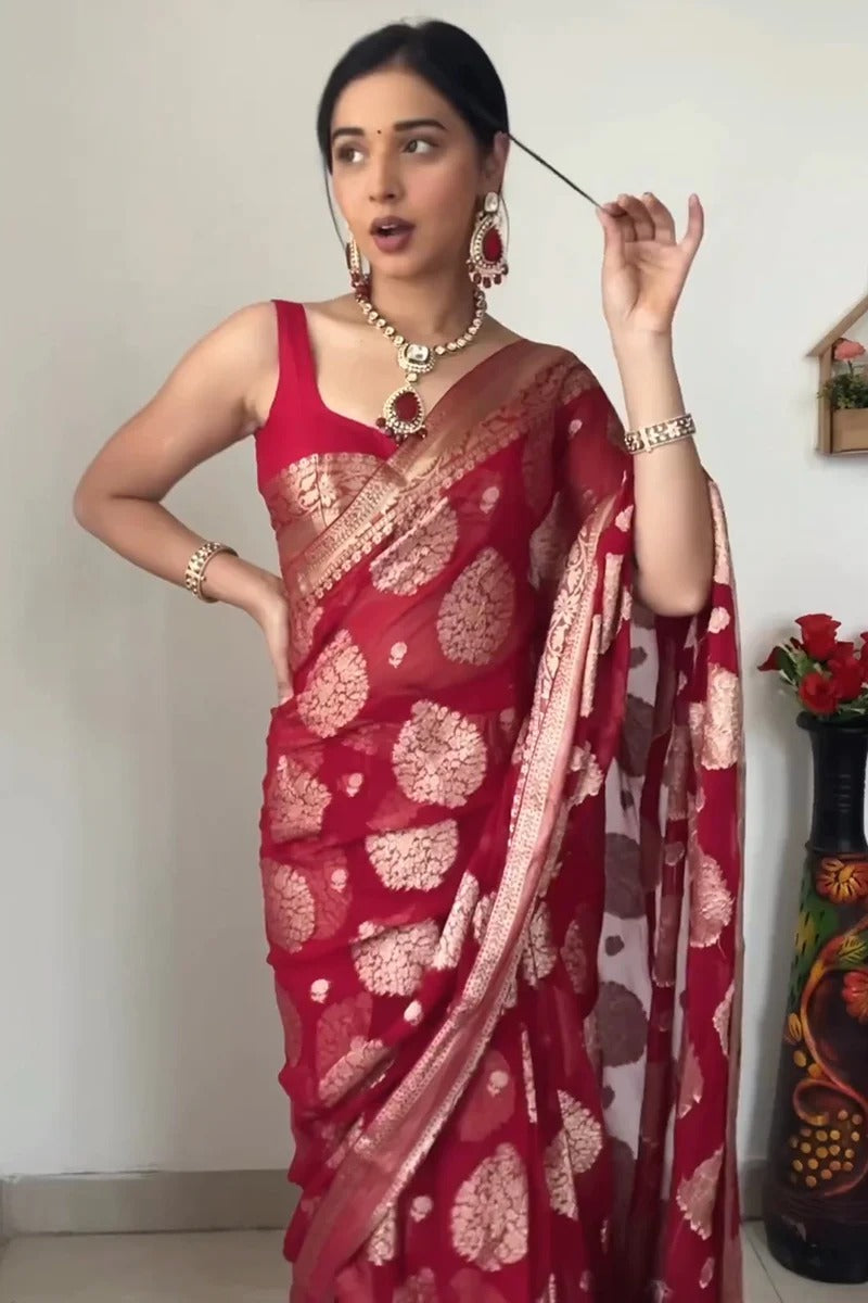 Fascinating 1-Minute Ready To Wear Red Cotton Silk Saree