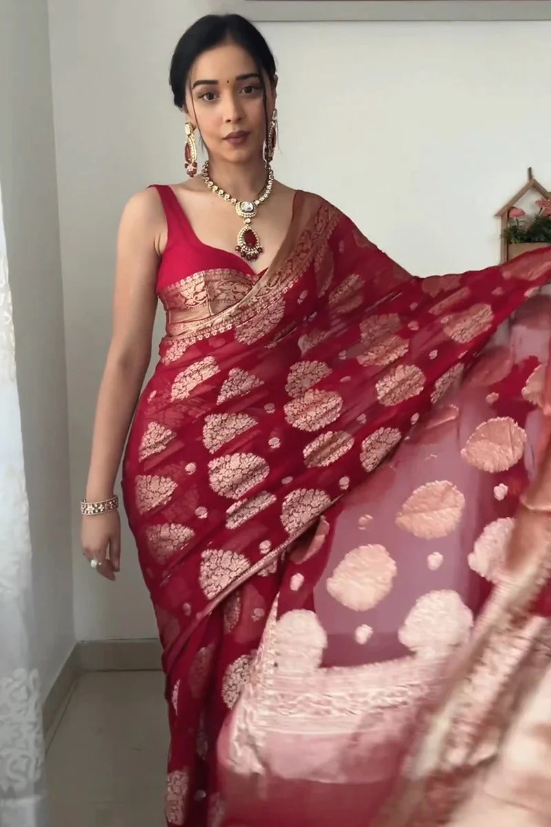 Fascinating 1-Minute Ready To Wear Red Cotton Silk Saree