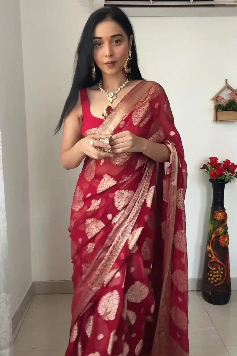 Fascinating 1-Minute Ready To Wear Red Cotton Silk Saree