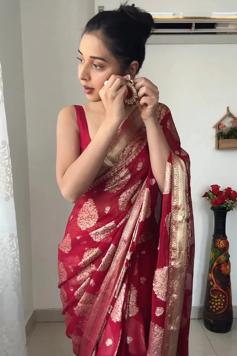 Fascinating 1-Minute Ready To Wear Red Cotton Silk Saree