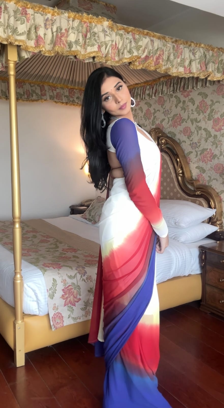 1-Minute Ready To Wear White Red and Blue Multicolour Georgette Saree