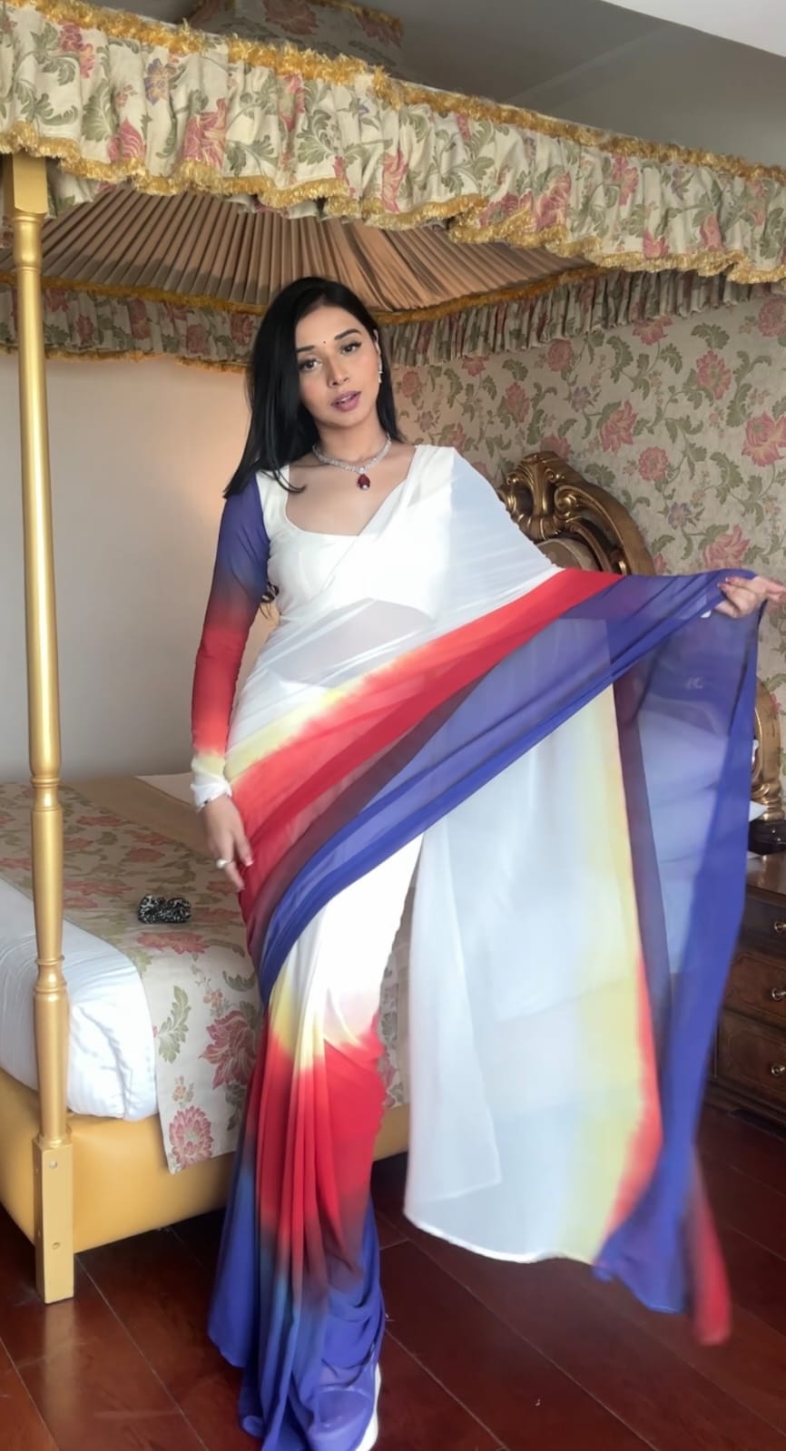 1-Minute Ready To Wear White Red and Blue Multicolour Georgette Saree